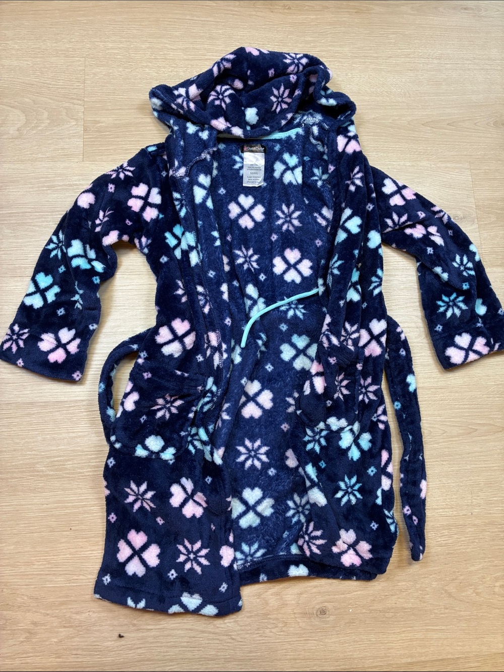 Cuddl Duds Girls' Navy Hooded Fleece Robe with Pink & Mint Snowflakes